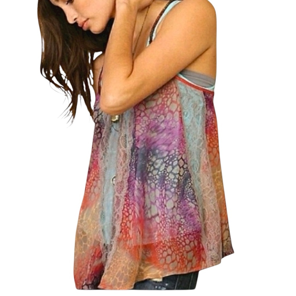 Free People Sheer Sequin Trim Boho Festival Cami Lace Inset Tank - Picture 5 of 15